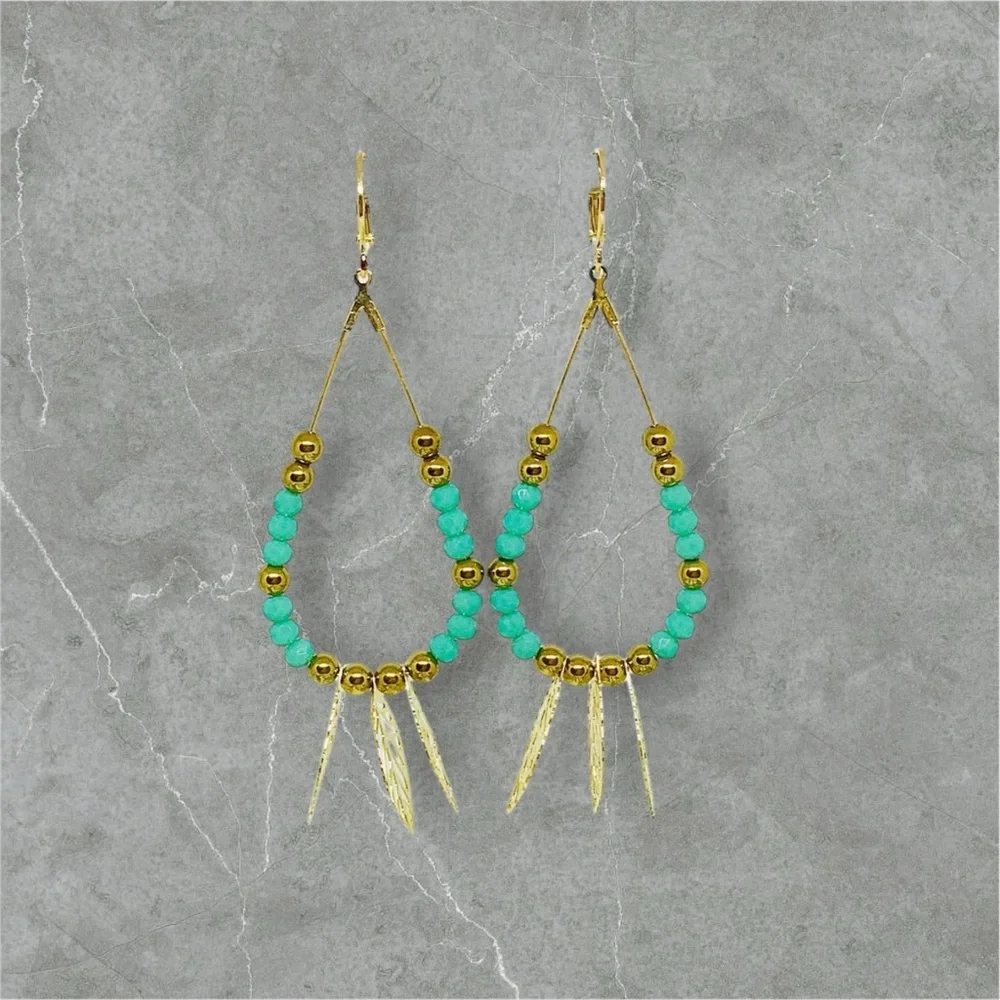 BOUTIQUE Gold and Turquoise Beaded Hoop Earrings, Classy, Dainty, Summer Dangles - Picture 2 of 9
